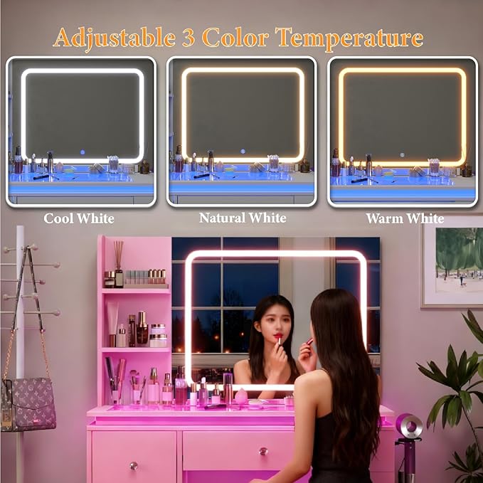 Pink Vanity Desk with Illuminated Mirror & Power Outlet, Bedroom Dresser LED Mirror Stepless Dimmable & 3 Color Modes Adjustable RGB Drawers, for Women Girls Bedroom(Pure Pink