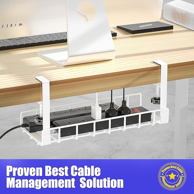 Under Desk Cable Management Tray 2 Pack, Xpatee Upgraded Wire Management No Drill No Screws, Cable Tray with Clamp for Wire Organizers, Computer Cord Rack for Office, Home - No Damage to Desk White