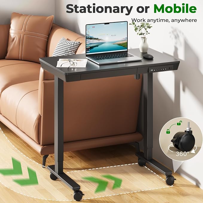35" Electric Standing Desk with Drawer, 4 Lockable Wheels | Height Adjustable Quick Install One-Piece Tabletop with USB Charging Port, Small Sit to Stand up Desk for Home Office, Black