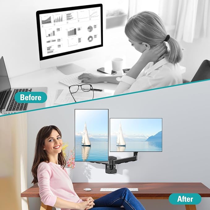 Dual Monitor Wall Mount for 13 to 32 Inch Computer Screens, Monitor Mounts for 2 Monitors Holds Up to 19.8lbs Each,Full Motion Gas Spring Monitor Arm with VESA 75x75/100x100