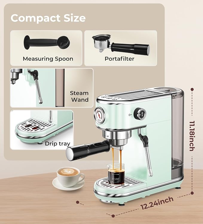 atatix 20 Bar Espresso Machine with Milk Frother, Compact Espresso Maker | Stainless Steel Coffee Machine with Precise Temp Control & 44oz Removable Water Tank for Latte, Cappuccino, Light Green