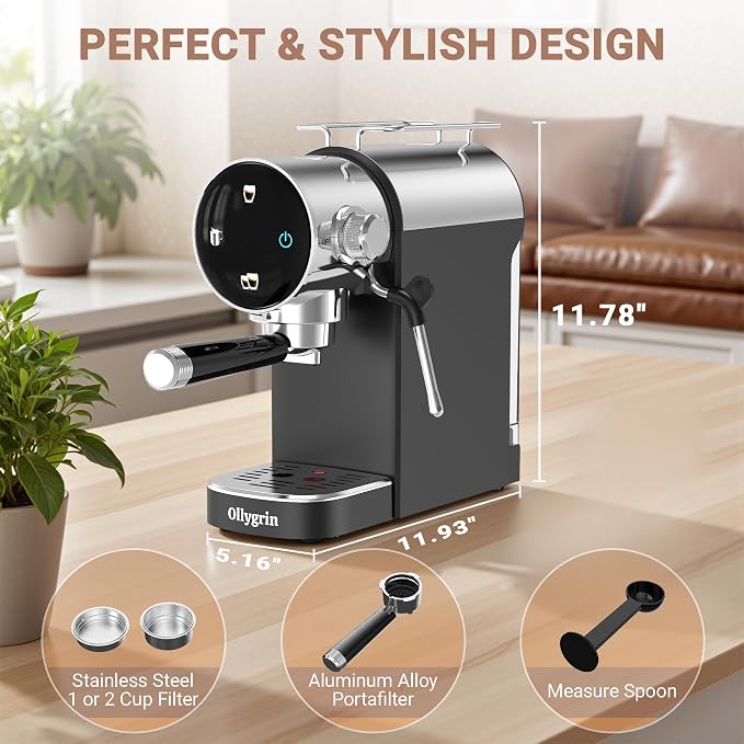 Ollygrin 20 Bar Espresso Coffee Machine, Semi-Automatic Espresso Machine with Touch Panel, 1350W Espresso Maker with Steam Wand, Removable Drip Tray & Water Tank, Modern Design for Latte & Cappuccino