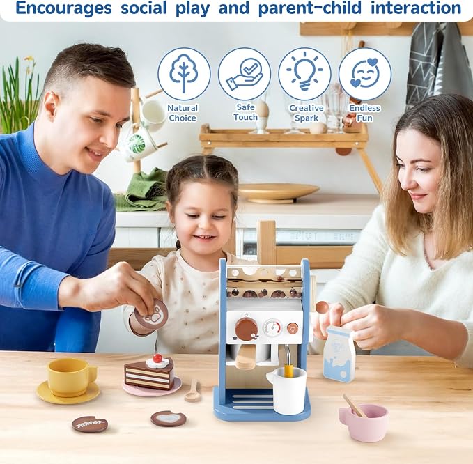 GAGAKU Wooden Coffee Machine Toy with Grinder,15 pcs Wood Play Kitchen Accessories for Kids Non-Toxic Pretend Play Barista Set Learning Gift for Toddlers Girls Boys Ages 3+