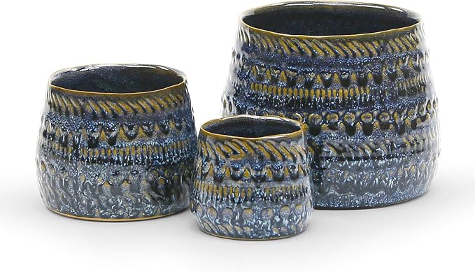 WGV Ceramic Vase, 3.5"x3"H, 4.75"x3.75"H, 6.7"x5.1"H, Dark Blue Kano Pot, Textured Antique Pattern Planter Dome for Wedding Event Office Home Decor, Set of 3 Vases