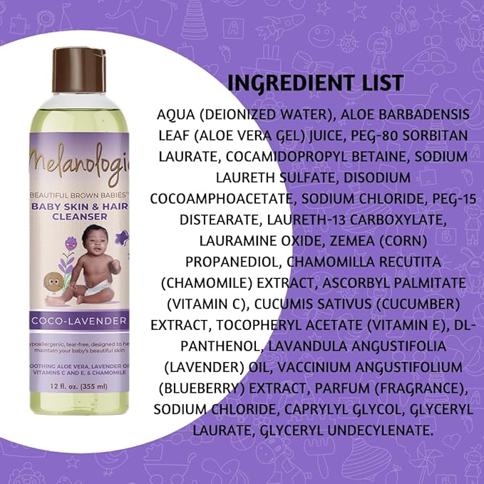 Melanologie Beautiful Brown Babies Nourishing Gentle Baby Skin and Hair Cleanser, Sulfate-, Paraben-, Phthalate- & Dye-Free, Hypoallergenic Wash for Sensitive Skin & Hair, 12 oz