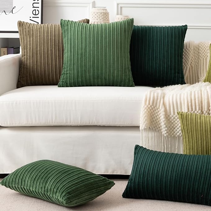 UGASA 12x24 Inch Pillow Cover Pack of 1 Soft Boho Stripe Corduroy Long Rectangular Lumbar Cushion Cover Farmhouse Decorative Throw Pillowcase for Bed, Couch, Sofa, Bedroom, Living Room, Moss Green