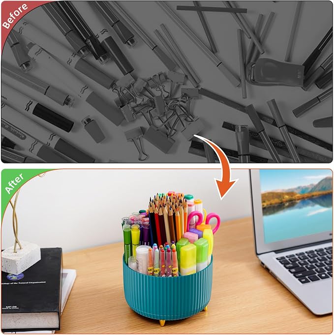Marbrasse Desk Organizer, 360-Degree Rotating Pen Holder, Desk Organizers and Accessories with 5 Compartments Pencil Organizer, Art Supply Storage Box Caddy for Office, Home(Green)