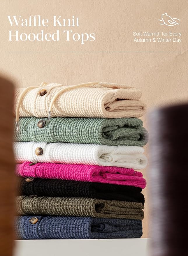Dokotoo Hoodies for Women Waffle Knit Long Sleeve Drawstring Button V Neck Casual Sweatshirt Hooded Tops Fashion Clothing