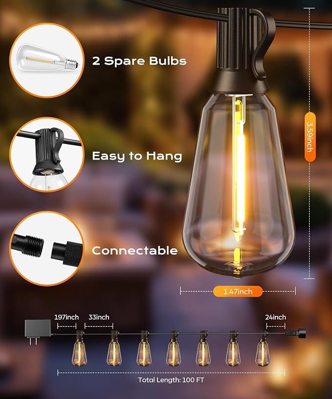 Outdoor String Lights, 100FT Patio Lights for Outside, Smart App & Remote Control with Timer, Dimmable with 4 Scene Modes, Warm White Waterproof LED Bulbs for Garden, Yard and Backyard Decor