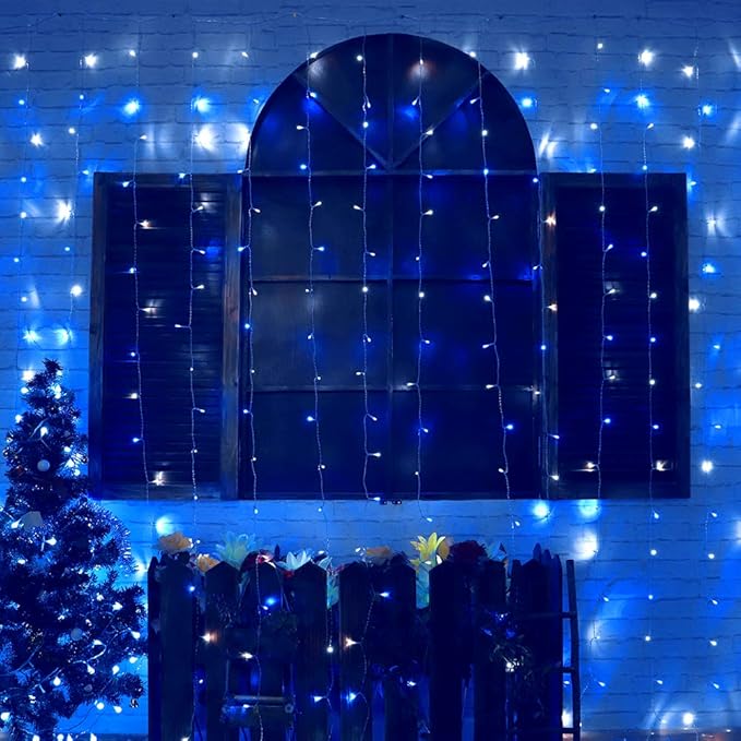 HEYFUNi Fiee Curtain Lights,304L 9.8ftX9.8ft 30V 8Modes Safety Window Lights for Home Wedding Christmas Party Patio Lawn Garden Bedroom Outdoor Indoor Wall Decorations (304LED, Blue+White)