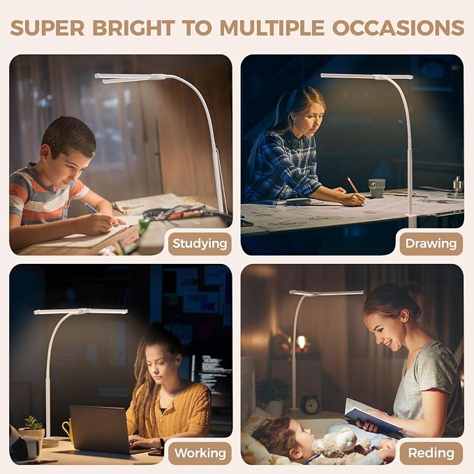 Voncerus LED Desk Lamp for Home Office, Double Head Desk Light with Clamp | 3 Modes 10 Brightness, Long Flexible Goose-Neck, Eye-Caring, Memory Function, Energy Efficient, USB Adapter, Metal, White