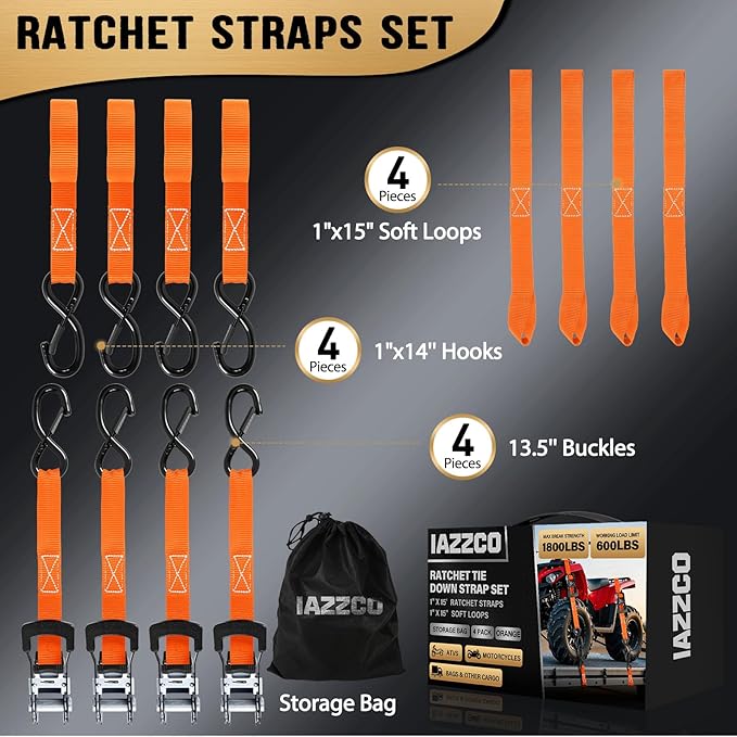 Ratchet Straps - Heavy Duty Tie Downs Straps - 1 Inch x 15 Feet 4 Pack - Safety S Hooks & Soft Loops, 1800LBS Break Strength for Men, Trucks Cargo Moving appliances Motorcycle ATV(Orange)