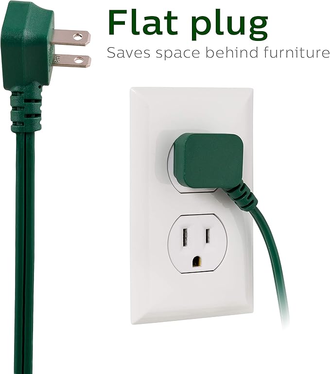 Philips Extension Cord, 15 Ft, 3-Outlet Flat Plug Extension Cord, Flat Extension Cord with Multiple Outlets, 2 Prong Extension Cord, Safety Slide Long Extension Cord, 1 Pack, Green, SPS1032GE/27