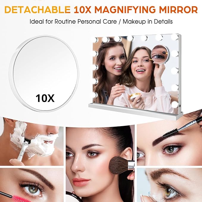 M MIVONDA Hollywood Vanity Mirror with Dimmable 15LED Bulbs Lights 3 Lighting Modes 2in1 Large Lighted Makeup Mirror for Desk and Wall with Plug-in and USB Charger Port