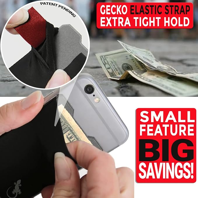 Gecko Travel Tech Mobile Phone Double Pocket Wallet Stick on with Stand - Cellphone Accessories case - Phone Card Holder with Stick on - (Black-Gray)