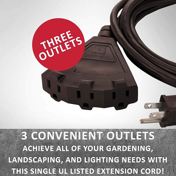 Holiday Lighting Outlet 25-Foot Brown Extension Cord, 3-Prong Indoor & Outdoor Splitter, Perfect for Landscape Lighting