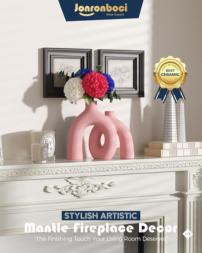 Hug Donut Decorative Vase Set - Light Pink Modern Glam Eclectic Style Vases Home Decor, Matte Ceramic Decorations for Living Room Shelf, Bookshelf Mantle Entryway Table or Console Décor(Pink)