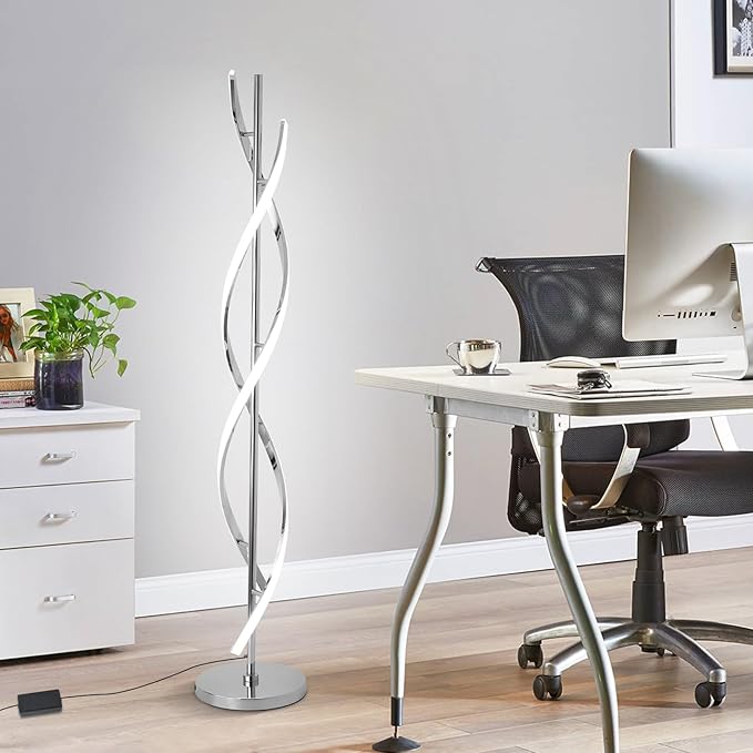 LED Modern Floor Lamp for Living Room, 40W 3 Colors Stepless Dimmable and Color-Changing Bright Floor Standing Lamp,60" Unique Spiral Floor Tall Lamp for Bedroom Office with Remote,Chrome