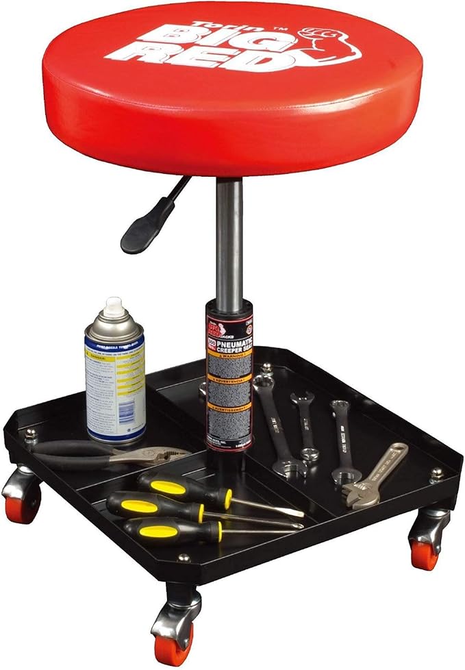 BIG RED TR6350 Torin Rolling Pneumatic Creeper Garage/Shop Seat: Padded Adjustable Mechanic Stool with Tool Tray Storage, Red Large