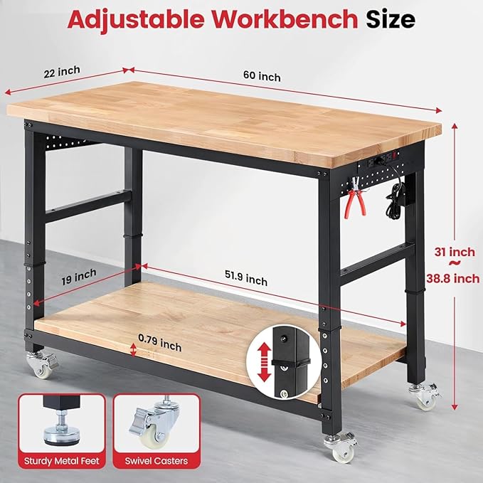 ENJOYWOOD 60" x 22" Heavy Duty Workbench with Wheels, Adjustable Height Garage Work Table with Solid Rubberwood Top, Double Layer Shelf, Sided Pegboard & Power Outlets for Home & Workshop