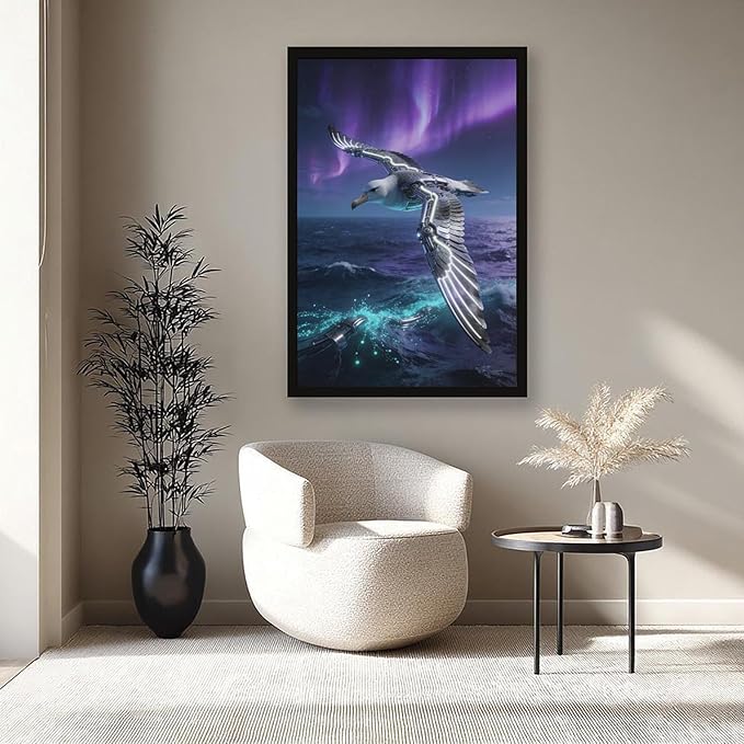 Framed Steampunk Mechanical Seagull Wall Art - Aurora Ocean Retro Poster for Bedroom Game Room Decor 20x30in