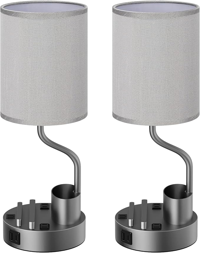 Fenmzee Bedside Lamps for Bedroom Set of 2 - Table Desk Lamp for Nightstand | 15" Table Lamp for Living Room with Pen Holder & Phone Stand, USB A+C Port, AC Outlet, 3 Color Temperature, LED Bulb Included