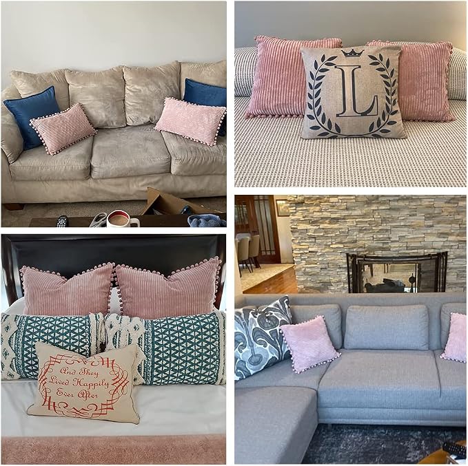 Fancy Homi Pack of 2 Decorative Throw Pillow Covers 20x20 with Pom-poms, Soft Corduroy Solid Square Cushion Pillow Cases Set for Couch Sofa Bedroom Car Living Room (20x20 Inch/50x50 cm, Blush Pink)