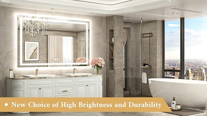TETOTE 55 x 36 LED Light up Bathroom Mirror, Brighter Lighted Bathroom Vanity Mirror with Led Lights, Front and Backlit 3-Color Dimmable Anti Fog Illuminated Mirror, Waterproof, Shatterproof