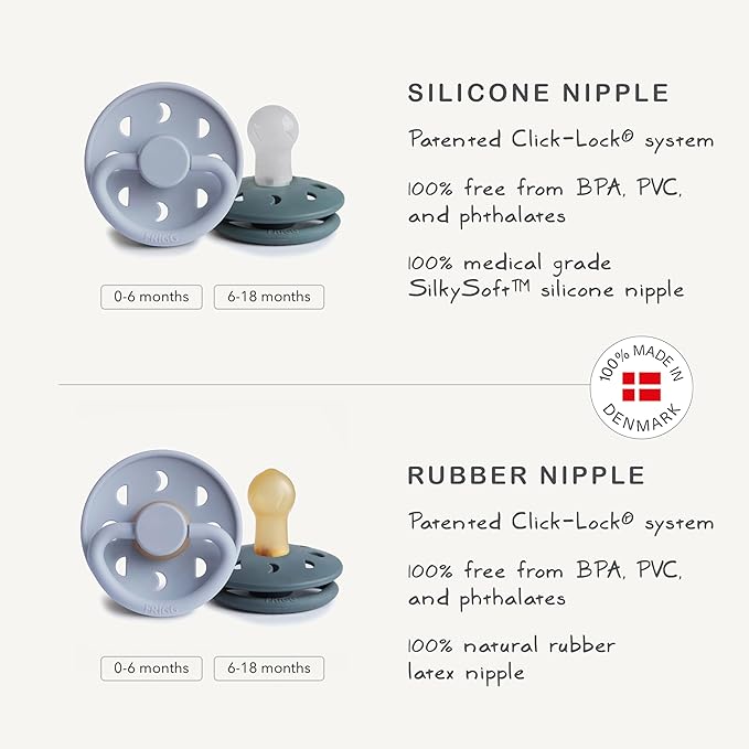 FRIGG Moon Natural Rubber Baby Pacifier | Made in Denmark | BPA-Free (Soft Lilac/Daffodil, 6-18 Months) 2-Pack
