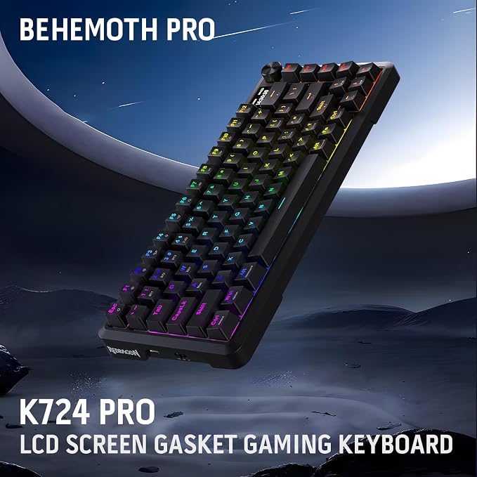 Redragon K724 PRO Wireless 81-Key Gasket Gaming Keyboard with Screen & Knob | Easy-Control LED Info Display, 0-Delay Tri-Mode, Cushioned 5-Layer Noise Dampening for Creamy Thocky Sound, Compact 80% Size