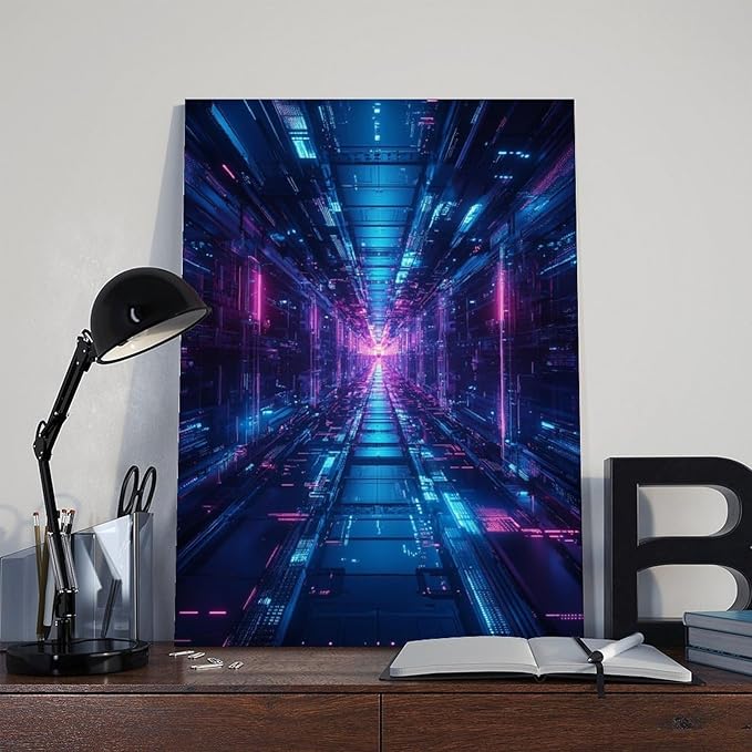 XAHOR High-Tech Digital Abstract Wall Art – Glowing Geometric Canvas Print – Minimalist Futuristic Aesthetic Home Decor Canvas Posters Wall Art Bedroom Office Room Decor Gift 20x30inch(50x75cm)