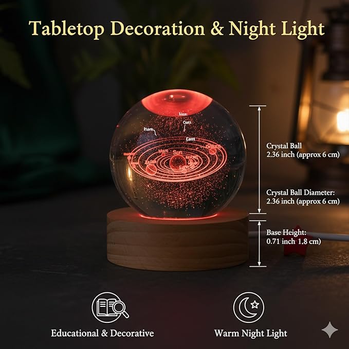 60mm 3D Crystal Ball Night Light, Galaxy Glass Sphere Lamp with 7 Color LED on Wooden Base, Crystal Globe Orb Light for Bedroom Decor, Celestial Space Birthday Gift for Teens Boys Girls (Moon)