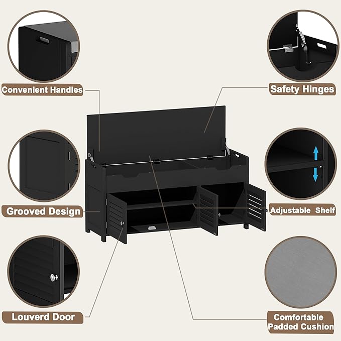ChooChoo 41.3" Shoe Storage Bench with Lift Top Storage, Entryway Bench with Cushioned Seat, Adjustable Shelf, Shoe Cabinet with Hidden Space, for Entryway, Bedroom, Living Room, Black