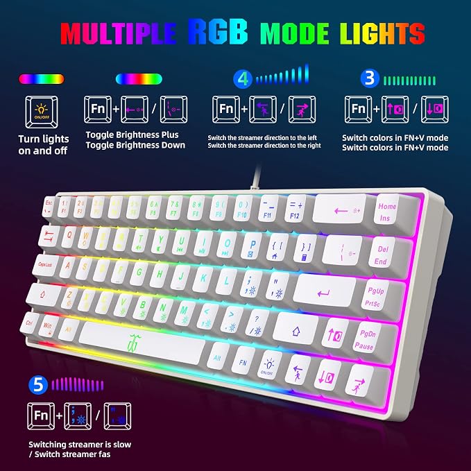 Snpurdiri 60% Percent Gaming Keyboard (68 Keys, White) | Compact RGB Backlit Ergonomic Small Mini Keyboard for Windows, PC, Laptop, Gaming