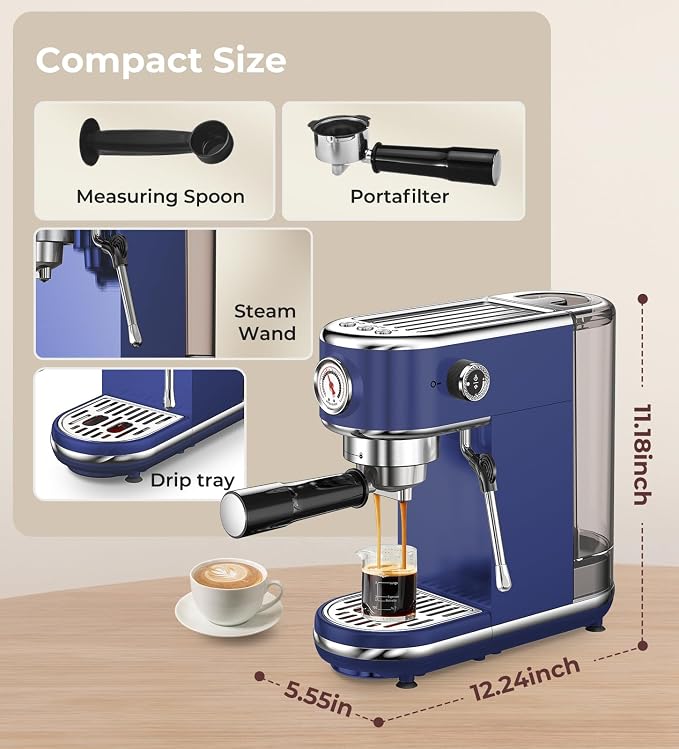 atatix 20 Bar Espresso Machine with Milk Frother, Compact Espresso Maker | Stainless Steel Coffee Machine with Precise Temp Control & 44oz Removable Water Tank for Latte, Cappuccino, Dark Blue