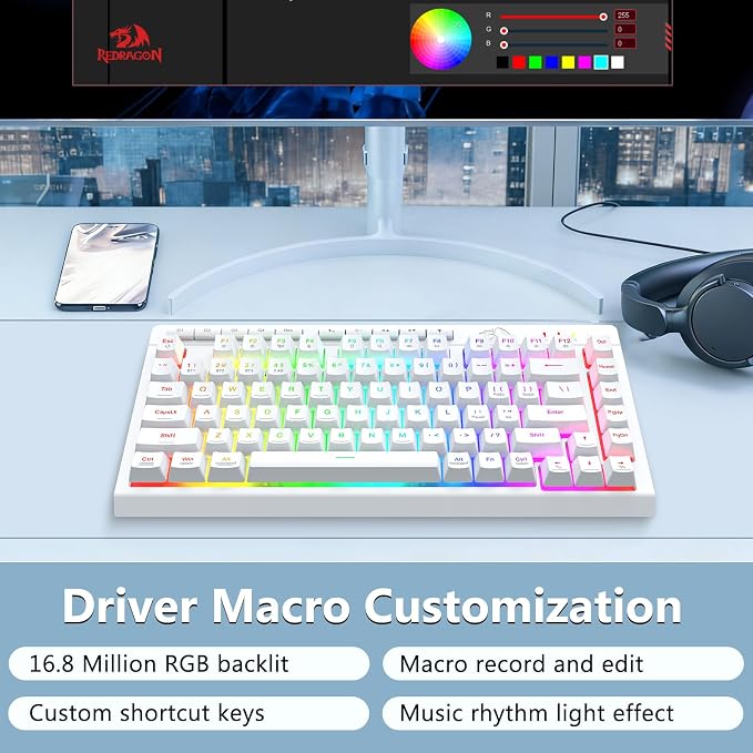 Redragon Wireless Gaming Keyboard, Portable 75% Compact,RGB Backlit, White | Bluetooth/2.4GHz/USB-C Wired, Mini Quiet Macro Membrane Keyboard, Rechargeable 4000mAh Battery, Anti-Ghosting for Win/MAC