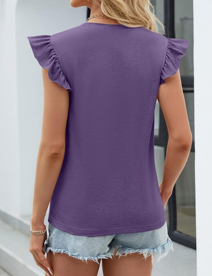 JUSTFASHIONNOW Womens Summer Tops Striped T-Shirts 2026 Ruffle Short Sleeve Crew Neck Casual Blouses with Pocket