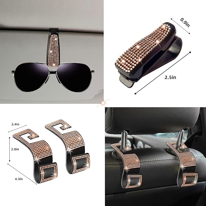NBTEPEM 27 PCs Gold Champagne Bling Car Accessories Set for Women, Steering Wheel Covers Universal Fit 15 Inch, Bling License Plate Frame, Bling Phone Holder, Bling Car Coasters