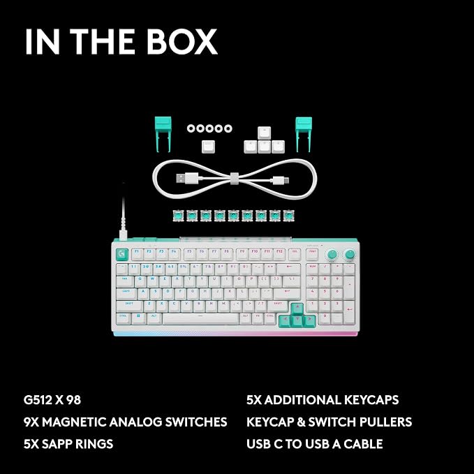 Logitech G512 X 98 TMR + Linear Switch Mechanical Gaming Keyboard - White | Hot-Swappable 9x TMR Rapid Trigger + Linear Mechanical Switches, Gasket, PBT Keycaps, <8K, LIGHTSYNC RGB, for PC & Mac