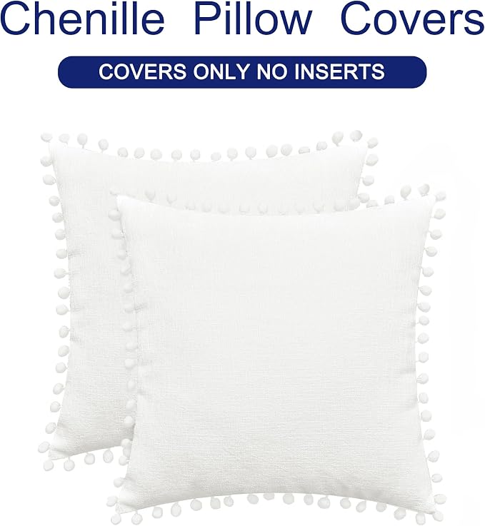 CaliTime Decorative Couch Throw Pillow Covers 18 X 18 Inches True White | Pack of 2, Cozy Chenille Cushion Cases, with Pom Poms for Sofa Bed Living Room Farmhouse Home