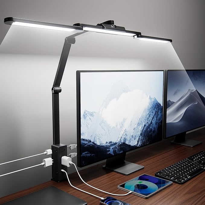 SUPERDANNY LED Desk Lamp with Power Strip (6 Outlets, 1 USB, 1 Type-C) for Home Office, Desk Light Computer Light with Clamp, Architect Desk Lamp with Smooth Dimming 5 Colors Touch & Wave Control