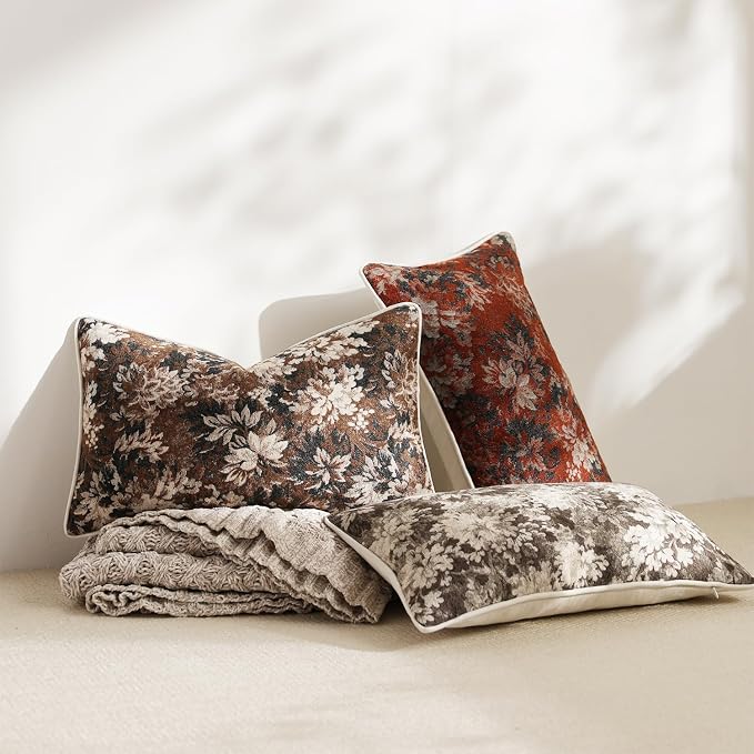 Pack of 2 Vintage Floral Pillow Covers 12x20 Boho Farmhouse Accents Chenille Rectangular Lumbar Decorative Throw Pillow Cases for Living Room Couch Bed Home Decor, Grey
