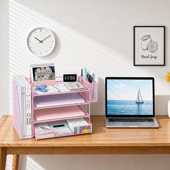 OPNICE Desk Organizers and Accessories, 4-Tier Desktop File Organizer with Drawer and Pen Holders, Office Desk Accessories Workspace Organizers for Office Supplies (Pink)