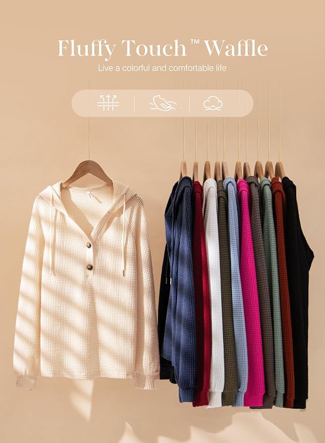 Dokotoo Hoodies for Women Waffle Knit Long Sleeve Drawstring Button V Neck Casual Sweatshirt Hooded Tops Fashion Clothing
