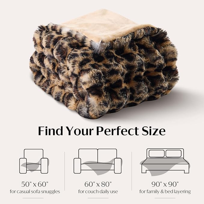 DOWNCOOL Large Faux Rabbit Fur Throw Blanket, Soft Fluffy Fuzzy Plush Bubble Blanket for Couch Sofa & Bed, Cozy Warm Luxury Fleece Minky Blanket, 90x90 Inches Leopard Print