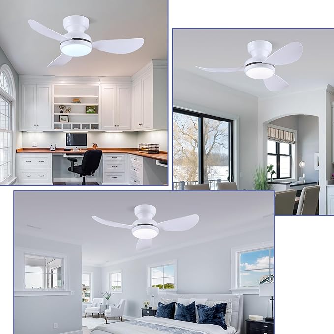 36 Inch Ceiling Fans with Lights, Small Flush Mount Ceiling Fan, Remote/APP Control, 3 Reversible Curved Blades, 6 Speeds, 3 CCT Dimmable Lights for Bedroom, White