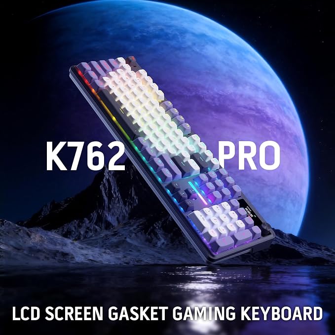 Redragon K762 PRO Wireless 104-Key Gasket Gaming Keyboard, Screen & Knob | Easy-Control LED Info Display, 0-Delay Tri-Mode, Cushioned 5-Layer Noise Dampening for Creamy Thocky Sound, Full-Size 104-Key