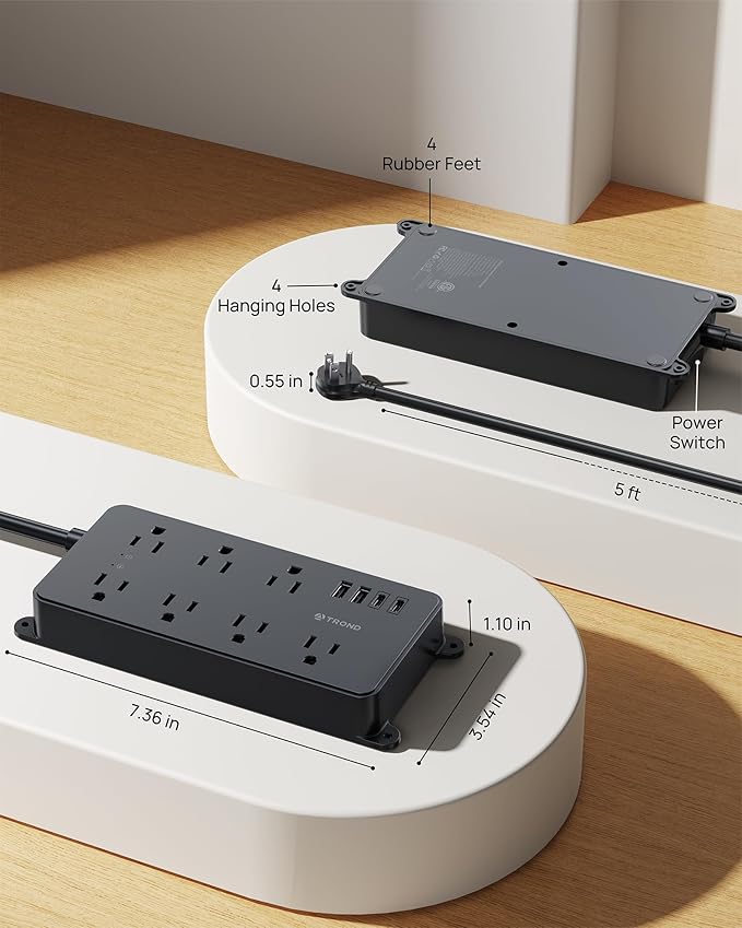 TROND Power Strip Surge Protector, 7 Widely-Spaced Outlets, 2 USB-A & 2 USB-C, ETL Listed, Flat Plug 5ft Extension Cord, Wall Mountable, 1700J, 14AWG Heavy Duty, for Home Office Garage, Black