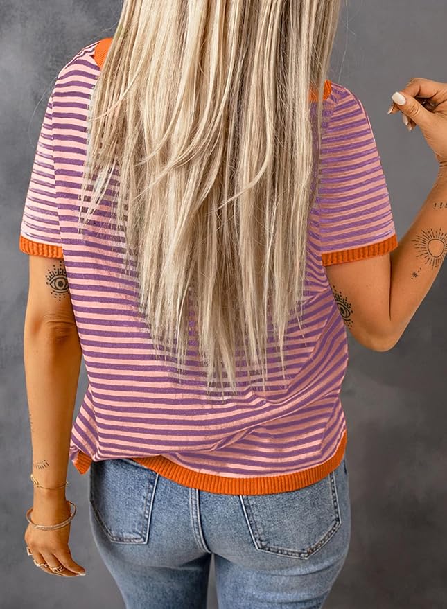 Dokotoo Womens Tops 2026 Casual Summer Crewneck Short Sleeve Striped Color Block Knit High Low Trendy Pullover Sweaters