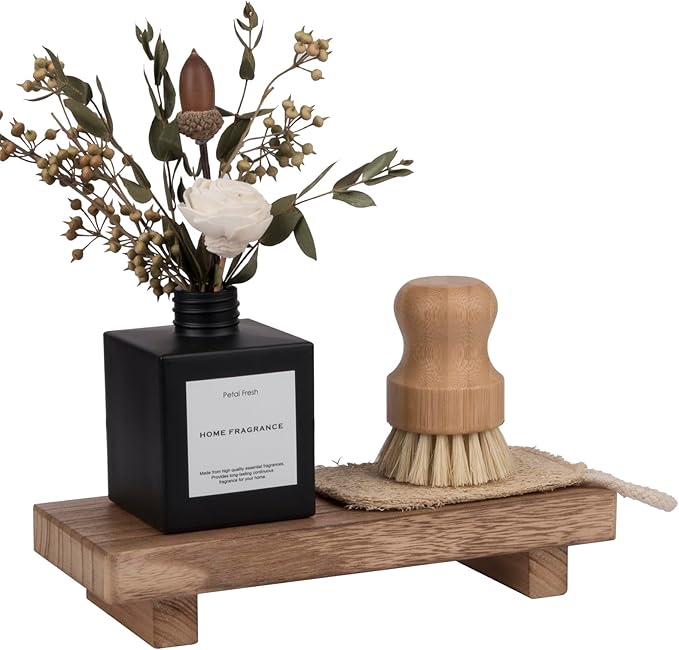 zoocatia Small Wood Tray Pedestal Stand Farmhouse Bathroom Decor Decorative Wooden Riser Kitchen Soap Dish Holder for Vanity, Counter, Sink, Brown